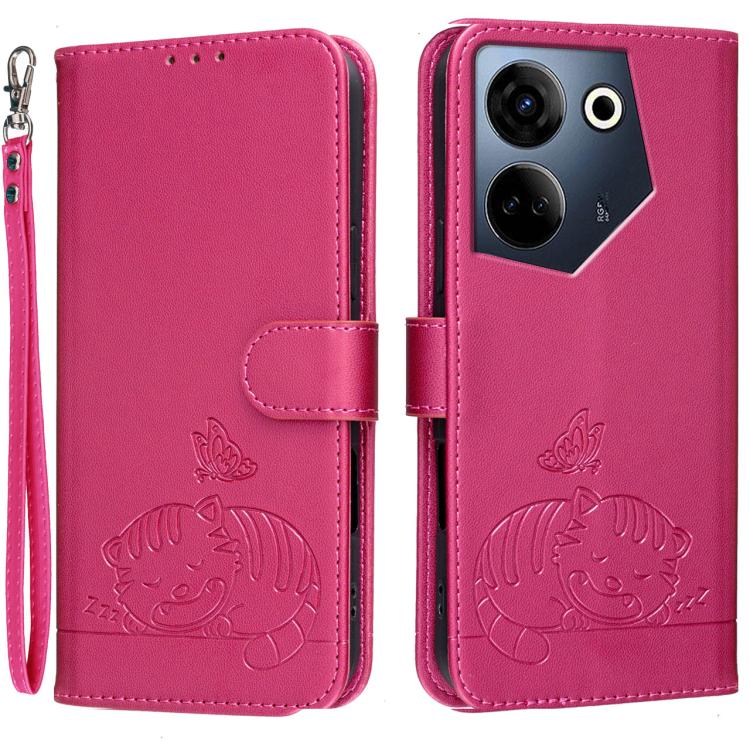 Cat Butterfly Embossed RFID Vegan Leather Phone Case with Strap, For Tecno Camon 20, For Tecno Spark 10 5G, For Tecno Spark 10C, For Tecno Spark Go 2023, For Tecno Spark 10 Pro