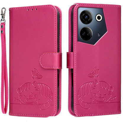 Cat Butterfly Embossed RFID Vegan Leather Phone Case with Strap, For Tecno Camon 20, For Tecno Spark 10 5G, For Tecno Spark 10C, For Tecno Spark Go 2023, For Tecno Spark 10 Pro