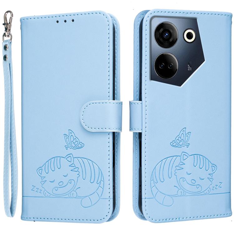 Cat Butterfly Embossed RFID Vegan Leather Phone Case with Strap, For Tecno Camon 20, For Tecno Spark 10 5G, For Tecno Spark 10C, For Tecno Spark Go 2023, For Tecno Spark 10 Pro