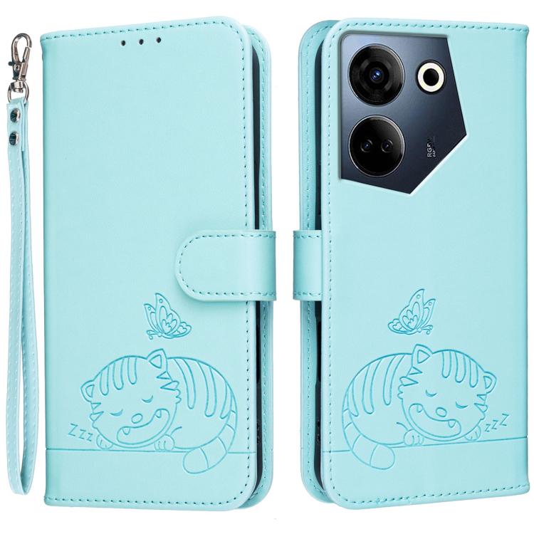 Cat Butterfly Embossed RFID Vegan Leather Phone Case with Strap, For Tecno Camon 20, For Tecno Spark 10 5G, For Tecno Spark 10C, For Tecno Spark Go 2023, For Tecno Spark 10 Pro