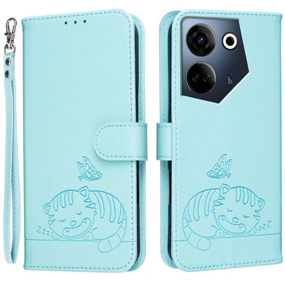 Cat Butterfly Embossed RFID Vegan Leather Phone Case with Strap, For Tecno Camon 20, For Tecno Spark 10 5G, For Tecno Spark 10C, For Tecno Spark Go 2023, For Tecno Spark 10 Pro
