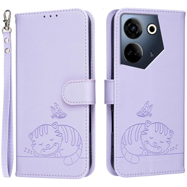Cat Butterfly Embossed RFID Vegan Leather Phone Case with Strap, For Tecno Camon 20, For Tecno Spark 10 5G, For Tecno Spark 10C, For Tecno Spark Go 2023, For Tecno Spark 10 Pro