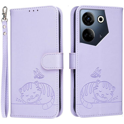 Cat Butterfly Embossed RFID Vegan Leather Phone Case with Strap, For Tecno Camon 20, For Tecno Spark 10 5G, For Tecno Spark 10C, For Tecno Spark Go 2023, For Tecno Spark 10 Pro