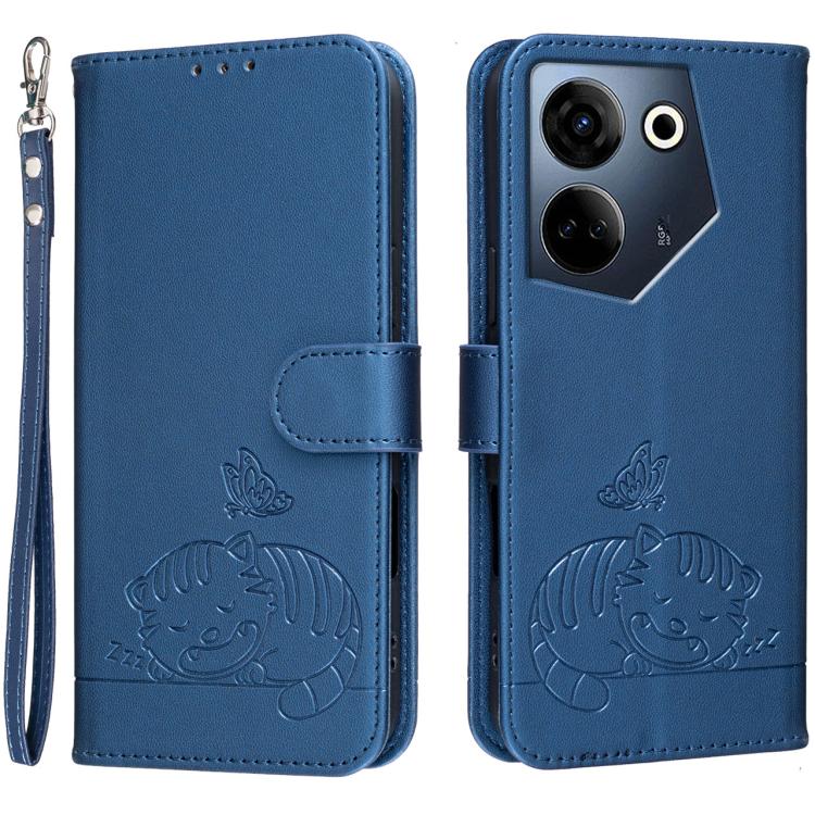 Cat Butterfly Embossed RFID Vegan Leather Phone Case with Strap, For Tecno Camon 20, For Tecno Spark 10 5G, For Tecno Spark 10C, For Tecno Spark Go 2023, For Tecno Spark 10 Pro