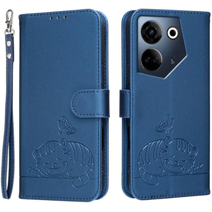 Cat Butterfly Embossed RFID Vegan Leather Phone Case with Strap, For Tecno Camon 20, For Tecno Spark 10 5G, For Tecno Spark 10C, For Tecno Spark Go 2023, For Tecno Spark 10 Pro