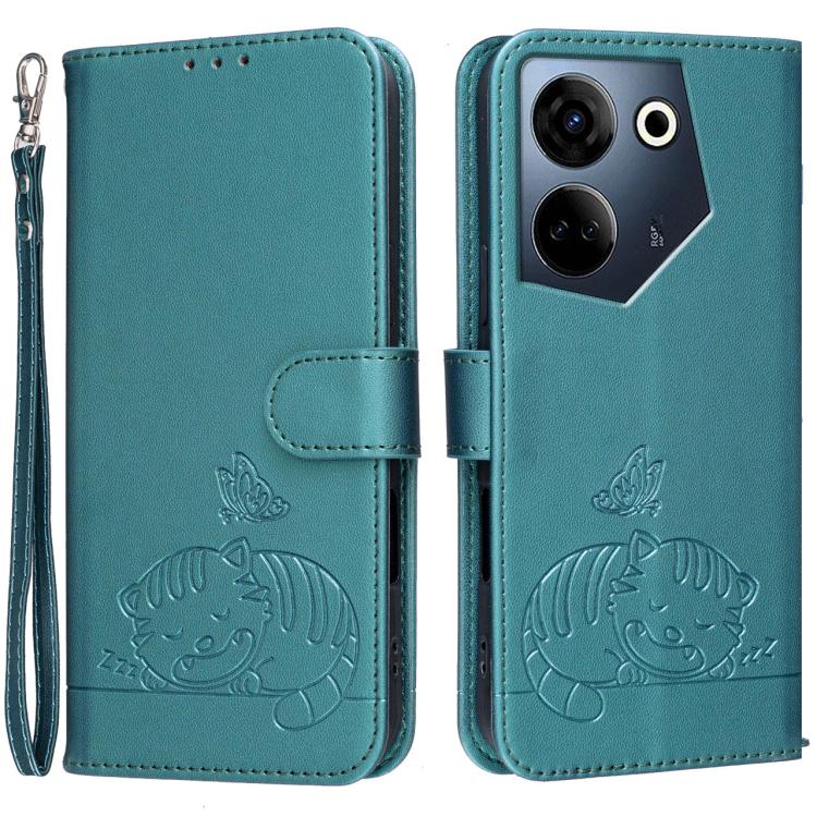Cat Butterfly Embossed RFID Vegan Leather Phone Case with Strap, For Tecno Camon 20, For Tecno Spark 10 5G, For Tecno Spark 10C, For Tecno Spark Go 2023, For Tecno Spark 10 Pro