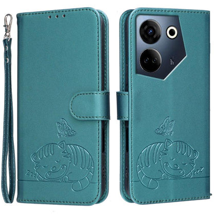 Cat Butterfly Embossed RFID Vegan Leather Phone Case with Strap, For Tecno Camon 20, For Tecno Spark 10 5G, For Tecno Spark 10C, For Tecno Spark Go 2023, For Tecno Spark 10 Pro