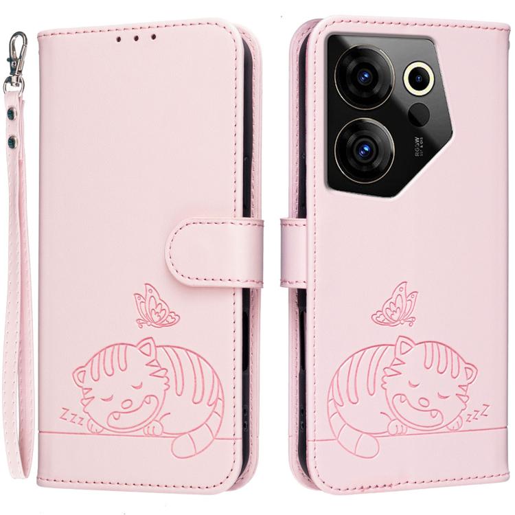 Cat Butterfly Embossed RFID Vegan Leather Phone Case with Strap, For Tecno Pova 7 4G, For Tecno Spark Go 2025 / Infinix Hot 60i, For Tecno Spark 10 Pro Magic, For Tecno Camon 30 Premier 5G, For Tecno Spark 20 Pro+, For Tecno Spark 20 Pro / Infinix Hot ...