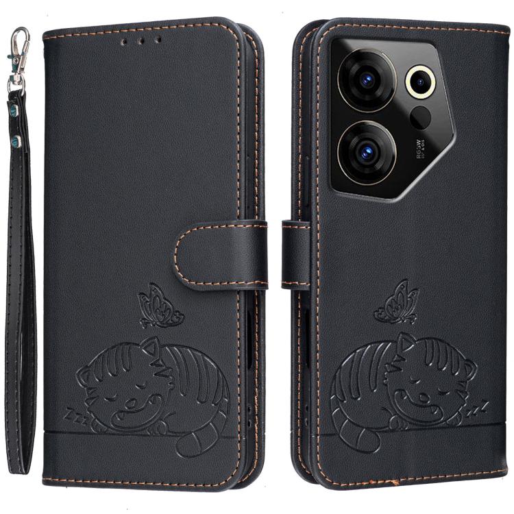 Cat Butterfly Embossed RFID Vegan Leather Phone Case with Strap, For Tecno Pova 7 4G, For Tecno Spark Go 2025 / Infinix Hot 60i, For Tecno Spark 10 Pro Magic, For Tecno Camon 30 Premier 5G, For Tecno Spark 20 Pro+, For Tecno Spark 20 Pro / Infinix Hot ...