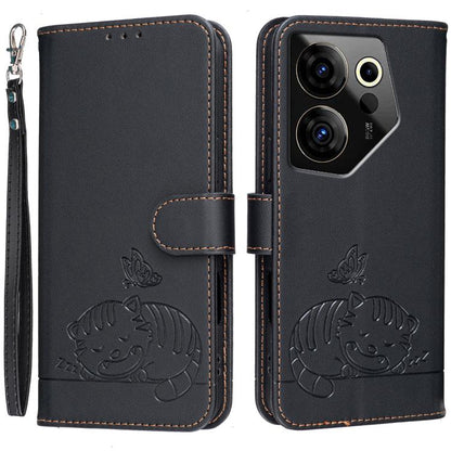 Cat Butterfly Embossed RFID Vegan Leather Phone Case with Strap, For Tecno Pova 7 4G, For Tecno Spark Go 2025 / Infinix Hot 60i, For Tecno Spark 10 Pro Magic, For Tecno Camon 30 Premier 5G, For Tecno Spark 20 Pro+, For Tecno Spark 20 Pro / Infinix Hot ...