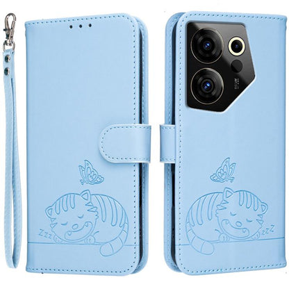 Cat Butterfly Embossed RFID Vegan Leather Phone Case with Strap, For Tecno Pova 7 4G, For Tecno Spark Go 2025 / Infinix Hot 60i, For Tecno Spark 10 Pro Magic, For Tecno Camon 30 Premier 5G, For Tecno Spark 20 Pro+, For Tecno Spark 20 Pro / Infinix Hot ...