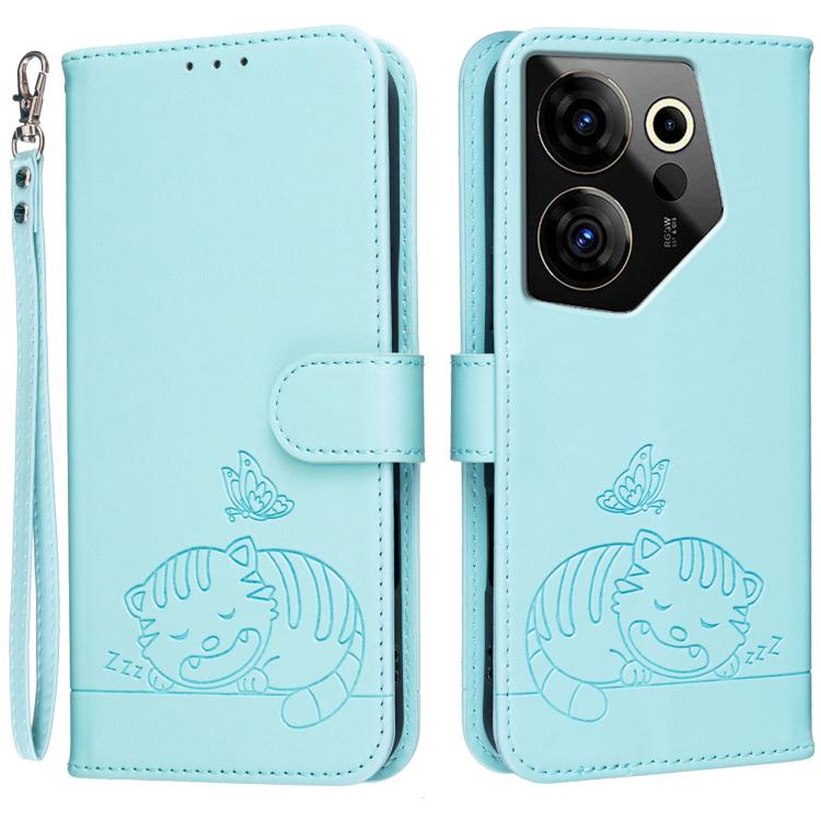 Cat Butterfly Embossed RFID Vegan Leather Phone Case with Strap, For Tecno Pova 7 4G, For Tecno Spark Go 2025 / Infinix Hot 60i, For Tecno Spark 10 Pro Magic, For Tecno Camon 30 Premier 5G, For Tecno Spark 20 Pro+, For Tecno Spark 20 Pro / Infinix Hot ...