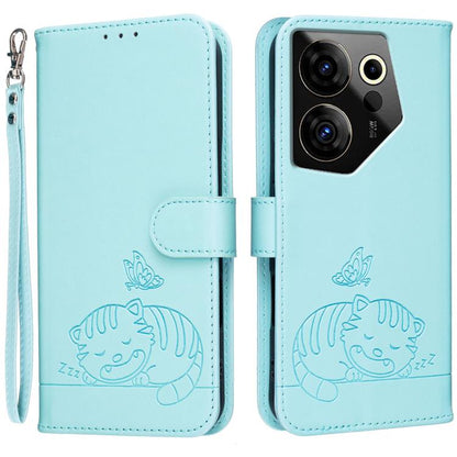 Cat Butterfly Embossed RFID Vegan Leather Phone Case with Strap, For Tecno Pova 7 4G, For Tecno Spark Go 2025 / Infinix Hot 60i, For Tecno Spark 10 Pro Magic, For Tecno Camon 30 Premier 5G, For Tecno Spark 20 Pro+, For Tecno Spark 20 Pro / Infinix Hot ...