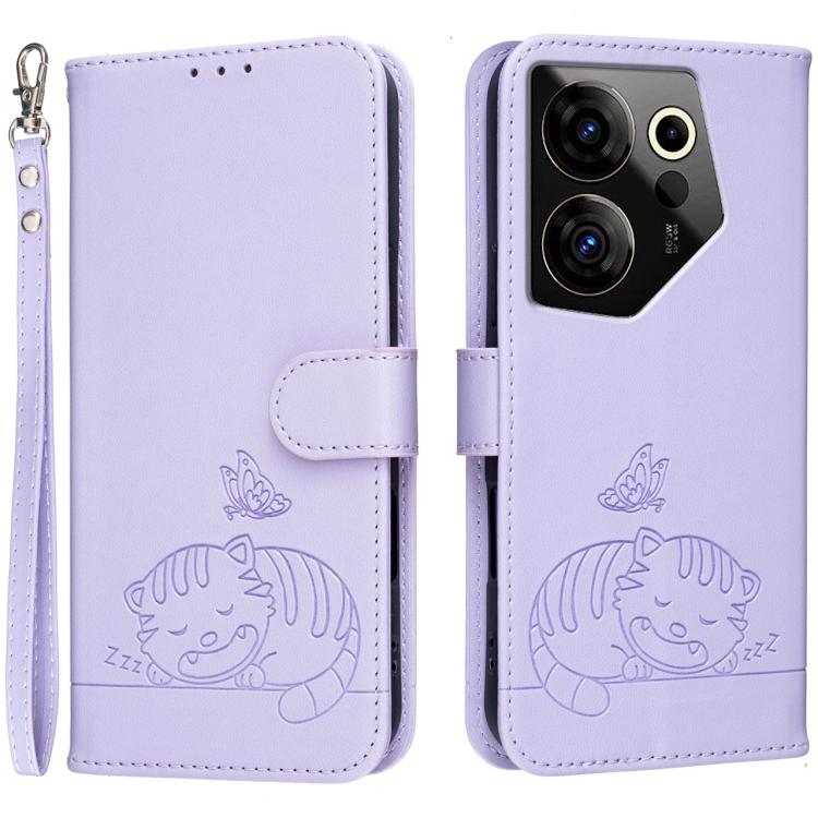 Cat Butterfly Embossed RFID Vegan Leather Phone Case with Strap, For Tecno Pova 7 4G, For Tecno Spark Go 2025 / Infinix Hot 60i, For Tecno Spark 10 Pro Magic, For Tecno Camon 30 Premier 5G, For Tecno Spark 20 Pro+, For Tecno Spark 20 Pro / Infinix Hot ...