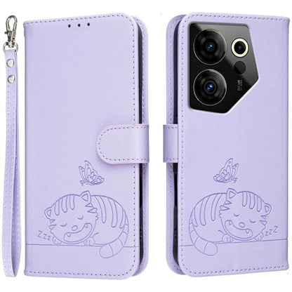 Cat Butterfly Embossed RFID Vegan Leather Phone Case with Strap, For Tecno Pova 7 4G, For Tecno Spark Go 2025 / Infinix Hot 60i, For Tecno Spark 10 Pro Magic, For Tecno Camon 30 Premier 5G, For Tecno Spark 20 Pro+, For Tecno Spark 20 Pro / Infinix Hot ...