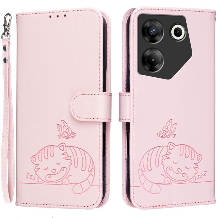 Cat Butterfly Embossed RFID Vegan Leather Phone Case with Strap, For Tecno Pova 7 4G, For Tecno Spark Go 2025 / Infinix Hot 60i, For Tecno Spark 10 Pro Magic, For Tecno Camon 30 Premier 5G, For Tecno Spark 20 Pro+, For Tecno Spark 20 Pro / Infinix Hot ...