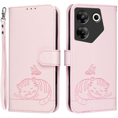 Cat Butterfly Embossed RFID Vegan Leather Phone Case with Strap, For Tecno Pova 7 4G, For Tecno Spark Go 2025 / Infinix Hot 60i, For Tecno Spark 10 Pro Magic, For Tecno Camon 30 Premier 5G, For Tecno Spark 20 Pro+, For Tecno Spark 20 Pro / Infinix Hot ...