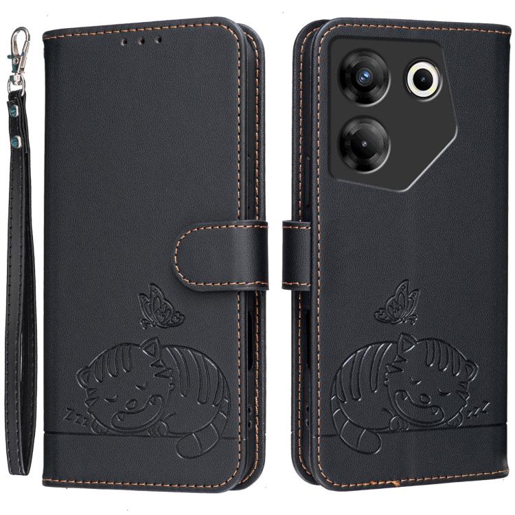 Cat Butterfly Embossed RFID Vegan Leather Phone Case with Strap, For Tecno Pova 7 4G, For Tecno Spark Go 2025 / Infinix Hot 60i, For Tecno Spark 10 Pro Magic, For Tecno Camon 30 Premier 5G, For Tecno Spark 20 Pro+, For Tecno Spark 20 Pro / Infinix Hot ...