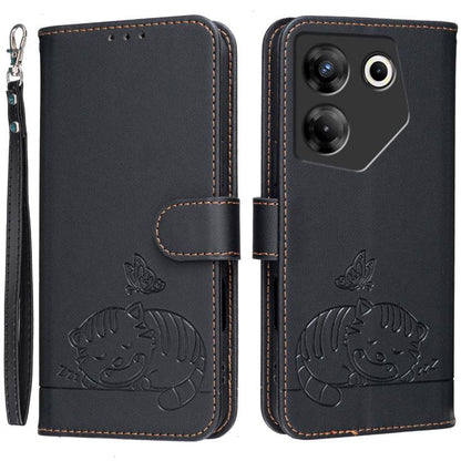 Cat Butterfly Embossed RFID Vegan Leather Phone Case with Strap, For Tecno Pova 7 4G, For Tecno Spark Go 2025 / Infinix Hot 60i, For Tecno Spark 10 Pro Magic, For Tecno Camon 30 Premier 5G, For Tecno Spark 20 Pro+, For Tecno Spark 20 Pro / Infinix Hot ...