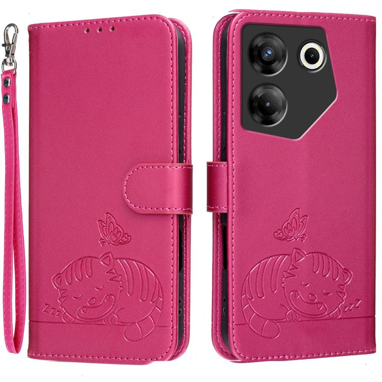Cat Butterfly Embossed RFID Vegan Leather Phone Case with Strap, For Tecno Pova 7 4G, For Tecno Spark Go 2025 / Infinix Hot 60i, For Tecno Spark 10 Pro Magic, For Tecno Camon 30 Premier 5G, For Tecno Spark 20 Pro+, For Tecno Spark 20 Pro / Infinix Hot ...