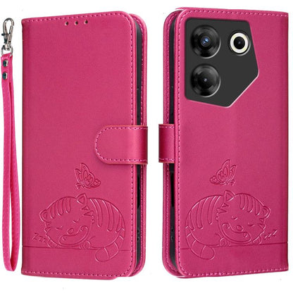 Cat Butterfly Embossed RFID Vegan Leather Phone Case with Strap, For Tecno Pova 7 4G, For Tecno Spark Go 2025 / Infinix Hot 60i, For Tecno Spark 10 Pro Magic, For Tecno Camon 30 Premier 5G, For Tecno Spark 20 Pro+, For Tecno Spark 20 Pro / Infinix Hot ...