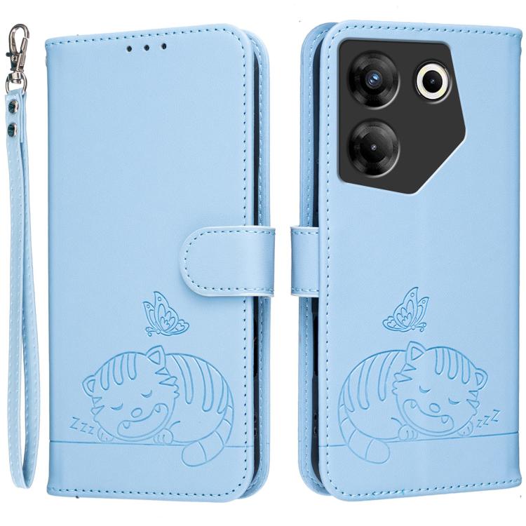 Cat Butterfly Embossed RFID Vegan Leather Phone Case with Strap, For Tecno Pova 7 4G, For Tecno Spark Go 2025 / Infinix Hot 60i, For Tecno Spark 10 Pro Magic, For Tecno Camon 30 Premier 5G, For Tecno Spark 20 Pro+, For Tecno Spark 20 Pro / Infinix Hot ...