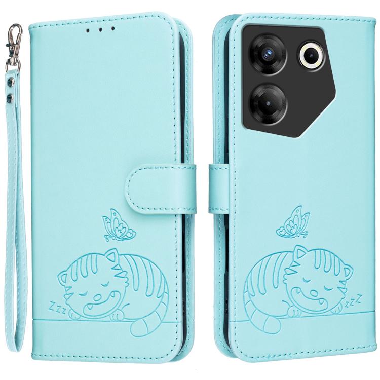 Cat Butterfly Embossed RFID Vegan Leather Phone Case with Strap, For Tecno Pova 7 4G, For Tecno Spark Go 2025 / Infinix Hot 60i, For Tecno Spark 10 Pro Magic, For Tecno Camon 30 Premier 5G, For Tecno Spark 20 Pro+, For Tecno Spark 20 Pro / Infinix Hot ...