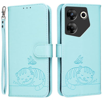Cat Butterfly Embossed RFID Vegan Leather Phone Case with Strap, For Tecno Pova 7 4G, For Tecno Spark Go 2025 / Infinix Hot 60i, For Tecno Spark 10 Pro Magic, For Tecno Camon 30 Premier 5G, For Tecno Spark 20 Pro+, For Tecno Spark 20 Pro / Infinix Hot ...