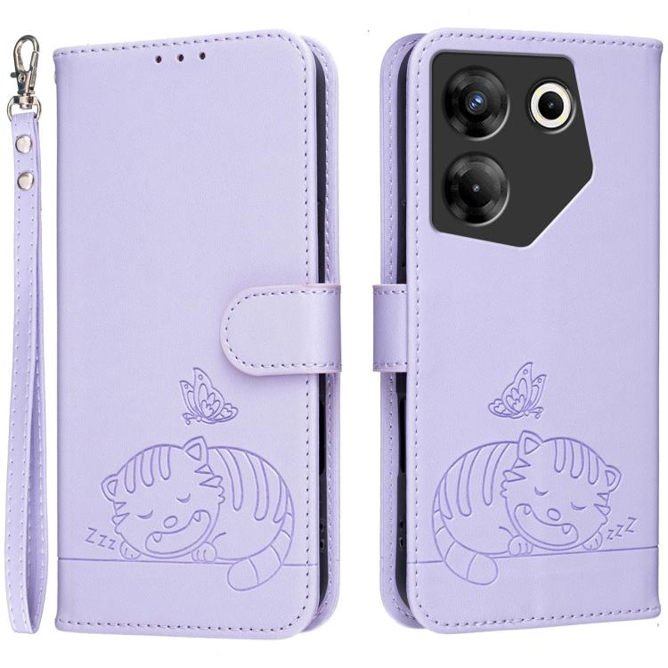 Cat Butterfly Embossed RFID Vegan Leather Phone Case with Strap, For Tecno Pova 7 4G, For Tecno Spark Go 2025 / Infinix Hot 60i, For Tecno Spark 10 Pro Magic, For Tecno Camon 30 Premier 5G, For Tecno Spark 20 Pro+, For Tecno Spark 20 Pro / Infinix Hot ...