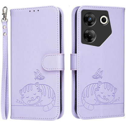Cat Butterfly Embossed RFID Vegan Leather Phone Case with Strap, For Tecno Pova 7 4G, For Tecno Spark Go 2025 / Infinix Hot 60i, For Tecno Spark 10 Pro Magic, For Tecno Camon 30 Premier 5G, For Tecno Spark 20 Pro+, For Tecno Spark 20 Pro / Infinix Hot ...