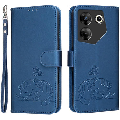 Cat Butterfly Embossed RFID Vegan Leather Phone Case with Strap, For Tecno Pova 7 4G, For Tecno Spark Go 2025 / Infinix Hot 60i, For Tecno Spark 10 Pro Magic, For Tecno Camon 30 Premier 5G, For Tecno Spark 20 Pro+, For Tecno Spark 20 Pro / Infinix Hot ...