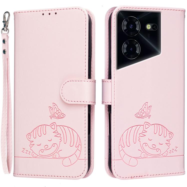 Cat Butterfly Embossed RFID Vegan Leather Phone Case with Strap, For Tecno Pova 7 4G, For Tecno Spark Go 2025 / Infinix Hot 60i, For Tecno Spark 10 Pro Magic, For Tecno Camon 30 Premier 5G, For Tecno Spark 20 Pro+, For Tecno Spark 20 Pro / Infinix Hot ...