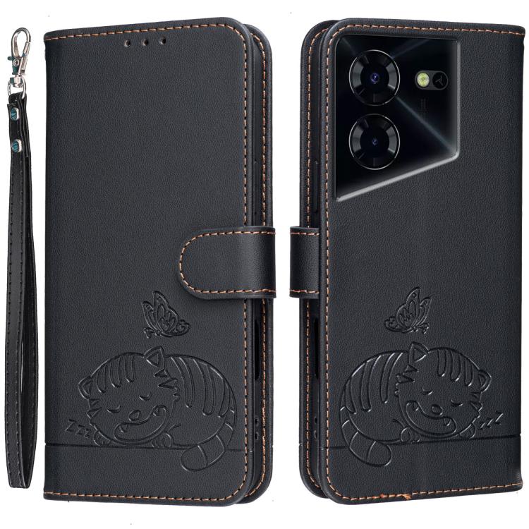 Cat Butterfly Embossed RFID Vegan Leather Phone Case with Strap, For Tecno Pova 7 4G, For Tecno Spark Go 2025 / Infinix Hot 60i, For Tecno Spark 10 Pro Magic, For Tecno Camon 30 Premier 5G, For Tecno Spark 20 Pro+, For Tecno Spark 20 Pro / Infinix Hot ...