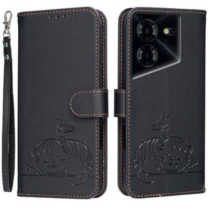 Cat Butterfly Embossed RFID Vegan Leather Phone Case with Strap, For Tecno Pova 7 4G, For Tecno Spark Go 2025 / Infinix Hot 60i, For Tecno Spark 10 Pro Magic, For Tecno Camon 30 Premier 5G, For Tecno Spark 20 Pro+, For Tecno Spark 20 Pro / Infinix Hot ...
