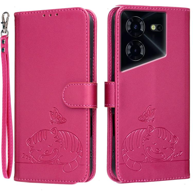 Cat Butterfly Embossed RFID Vegan Leather Phone Case with Strap, For Tecno Pova 7 4G, For Tecno Spark Go 2025 / Infinix Hot 60i, For Tecno Spark 10 Pro Magic, For Tecno Camon 30 Premier 5G, For Tecno Spark 20 Pro+, For Tecno Spark 20 Pro / Infinix Hot ...