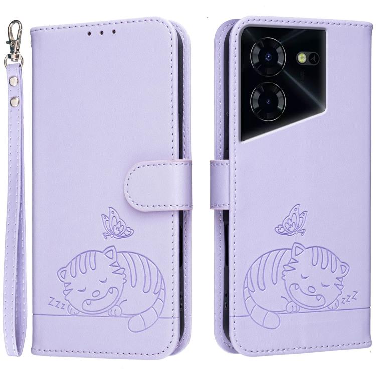 Cat Butterfly Embossed RFID Vegan Leather Phone Case with Strap, For Tecno Pova 7 4G, For Tecno Spark Go 2025 / Infinix Hot 60i, For Tecno Spark 10 Pro Magic, For Tecno Camon 30 Premier 5G, For Tecno Spark 20 Pro+, For Tecno Spark 20 Pro / Infinix Hot ...