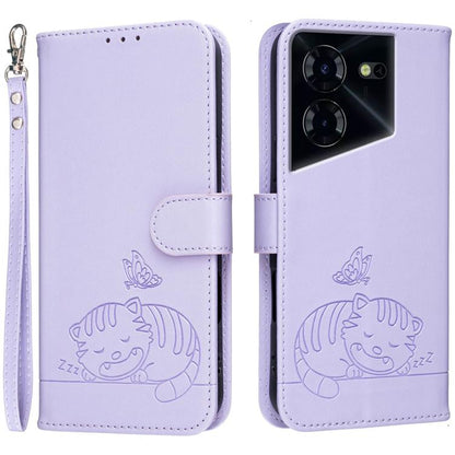 Cat Butterfly Embossed RFID Vegan Leather Phone Case with Strap, For Tecno Pova 7 4G, For Tecno Spark Go 2025 / Infinix Hot 60i, For Tecno Spark 10 Pro Magic, For Tecno Camon 30 Premier 5G, For Tecno Spark 20 Pro+, For Tecno Spark 20 Pro / Infinix Hot ...