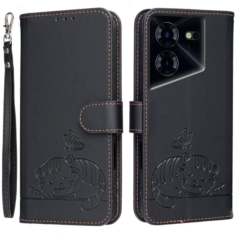 Cat Butterfly Embossed RFID Vegan Leather Phone Case with Strap, For Tecno Pova 7 4G, For Tecno Spark Go 2025 / Infinix Hot 60i, For Tecno Spark 10 Pro Magic, For Tecno Camon 30 Premier 5G, For Tecno Spark 20 Pro+, For Tecno Spark 20 Pro / Infinix Hot ...