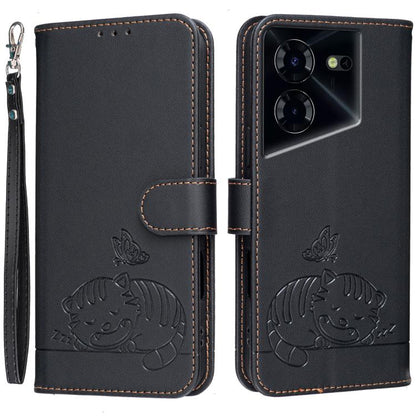 Cat Butterfly Embossed RFID Vegan Leather Phone Case with Strap, For Tecno Pova 7 4G, For Tecno Spark Go 2025 / Infinix Hot 60i, For Tecno Spark 10 Pro Magic, For Tecno Camon 30 Premier 5G, For Tecno Spark 20 Pro+, For Tecno Spark 20 Pro / Infinix Hot ...