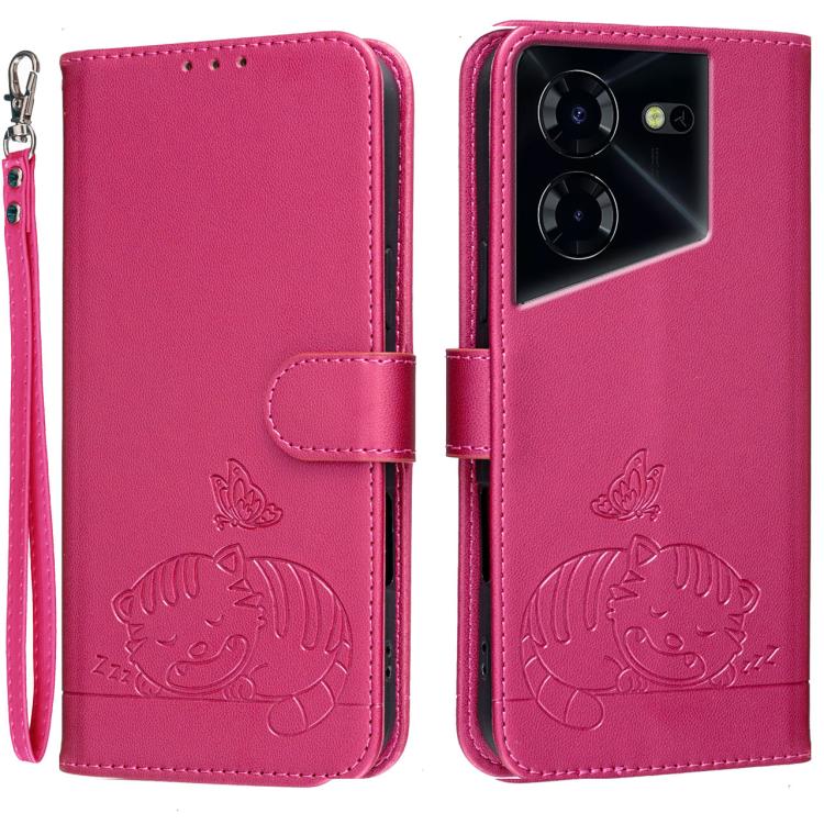 Cat Butterfly Embossed RFID Vegan Leather Phone Case with Strap, For Tecno Pova 7 4G, For Tecno Spark Go 2025 / Infinix Hot 60i, For Tecno Spark 10 Pro Magic, For Tecno Camon 30 Premier 5G, For Tecno Spark 20 Pro+, For Tecno Spark 20 Pro / Infinix Hot ...