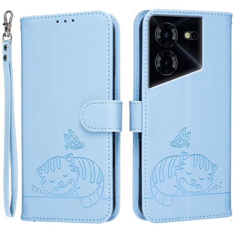 Cat Butterfly Embossed RFID Vegan Leather Phone Case with Strap, For Tecno Pova 7 4G, For Tecno Spark Go 2025 / Infinix Hot 60i, For Tecno Spark 10 Pro Magic, For Tecno Camon 30 Premier 5G, For Tecno Spark 20 Pro+, For Tecno Spark 20 Pro / Infinix Hot ...