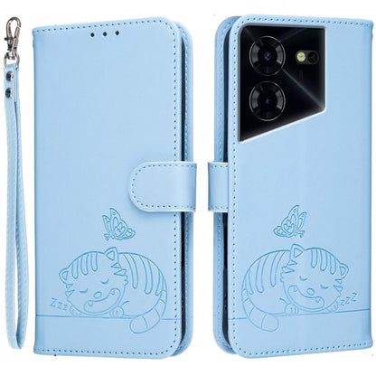 Cat Butterfly Embossed RFID Vegan Leather Phone Case with Strap, For Tecno Pova 7 4G, For Tecno Spark Go 2025 / Infinix Hot 60i, For Tecno Spark 10 Pro Magic, For Tecno Camon 30 Premier 5G, For Tecno Spark 20 Pro+, For Tecno Spark 20 Pro / Infinix Hot ...