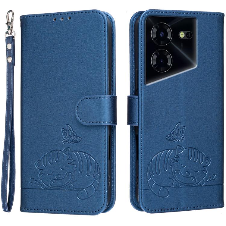 Cat Butterfly Embossed RFID Vegan Leather Phone Case with Strap, For Tecno Pova 7 4G, For Tecno Spark Go 2025 / Infinix Hot 60i, For Tecno Spark 10 Pro Magic, For Tecno Camon 30 Premier 5G, For Tecno Spark 20 Pro+, For Tecno Spark 20 Pro / Infinix Hot ...