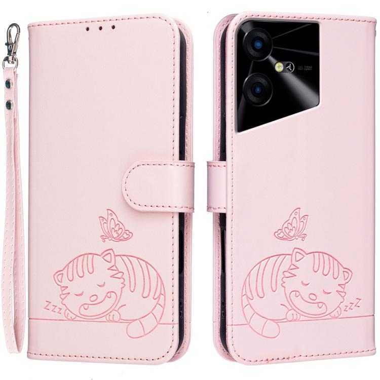 Cat Butterfly Embossed RFID Vegan Leather Phone Case with Strap, For Tecno Pova 7 4G, For Tecno Spark Go 2025 / Infinix Hot 60i, For Tecno Spark 10 Pro Magic, For Tecno Camon 30 Premier 5G, For Tecno Spark 20 Pro+, For Tecno Spark 20 Pro / Infinix Hot ...