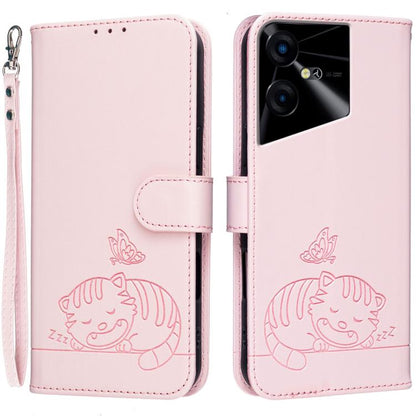 Cat Butterfly Embossed RFID Vegan Leather Phone Case with Strap, For Tecno Pova 7 4G, For Tecno Spark Go 2025 / Infinix Hot 60i, For Tecno Spark 10 Pro Magic, For Tecno Camon 30 Premier 5G, For Tecno Spark 20 Pro+, For Tecno Spark 20 Pro / Infinix Hot ...