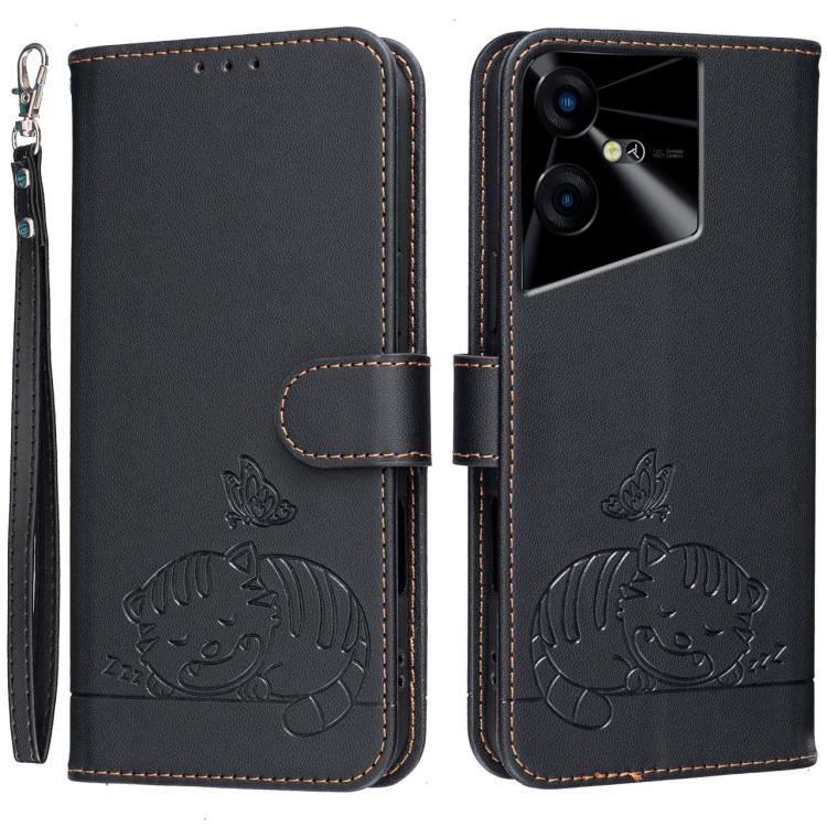 Cat Butterfly Embossed RFID Vegan Leather Phone Case with Strap, For Tecno Pova 7 4G, For Tecno Spark Go 2025 / Infinix Hot 60i, For Tecno Spark 10 Pro Magic, For Tecno Camon 30 Premier 5G, For Tecno Spark 20 Pro+, For Tecno Spark 20 Pro / Infinix Hot ...