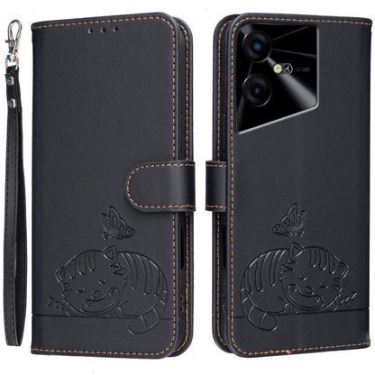Cat Butterfly Embossed RFID Vegan Leather Phone Case with Strap, For Tecno Pova 7 4G, For Tecno Spark Go 2025 / Infinix Hot 60i, For Tecno Spark 10 Pro Magic, For Tecno Camon 30 Premier 5G, For Tecno Spark 20 Pro+, For Tecno Spark 20 Pro / Infinix Hot ...