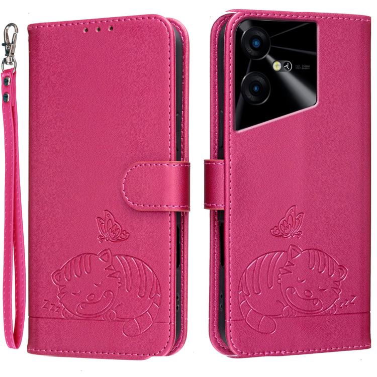 Cat Butterfly Embossed RFID Vegan Leather Phone Case with Strap, For Tecno Pova 7 4G, For Tecno Spark Go 2025 / Infinix Hot 60i, For Tecno Spark 10 Pro Magic, For Tecno Camon 30 Premier 5G, For Tecno Spark 20 Pro+, For Tecno Spark 20 Pro / Infinix Hot ...