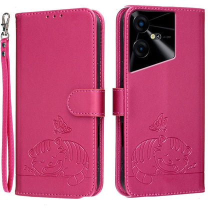 Cat Butterfly Embossed RFID Vegan Leather Phone Case with Strap, For Tecno Pova 7 4G, For Tecno Spark Go 2025 / Infinix Hot 60i, For Tecno Spark 10 Pro Magic, For Tecno Camon 30 Premier 5G, For Tecno Spark 20 Pro+, For Tecno Spark 20 Pro / Infinix Hot ...