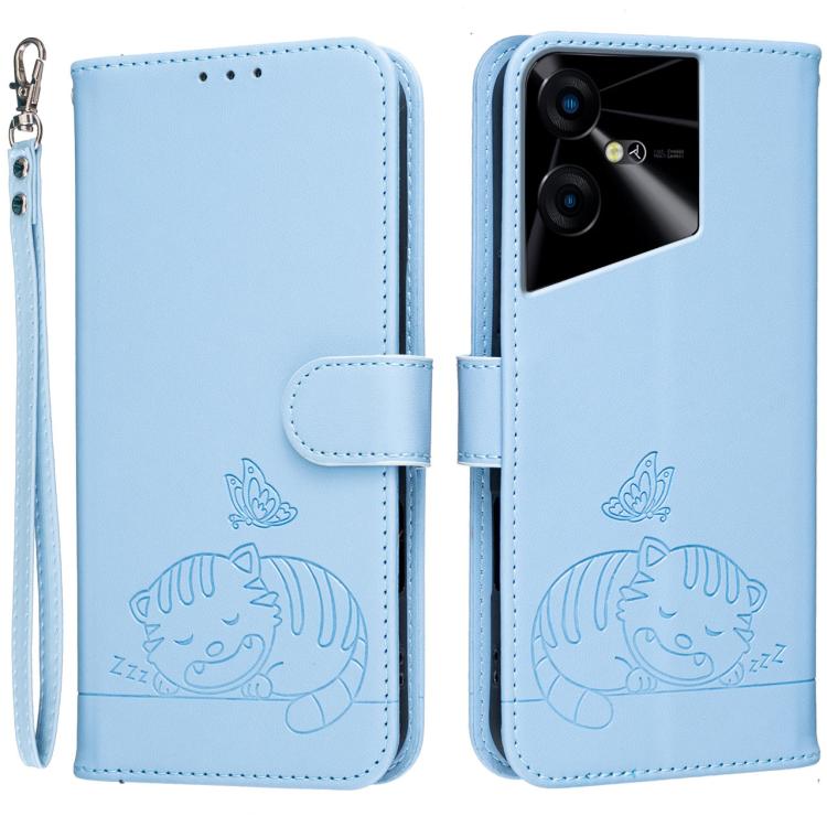 Cat Butterfly Embossed RFID Vegan Leather Phone Case with Strap, For Tecno Pova 7 4G, For Tecno Spark Go 2025 / Infinix Hot 60i, For Tecno Spark 10 Pro Magic, For Tecno Camon 30 Premier 5G, For Tecno Spark 20 Pro+, For Tecno Spark 20 Pro / Infinix Hot ...